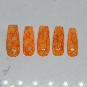 Custom Gel Press on nails bright orange yellow marble glitter